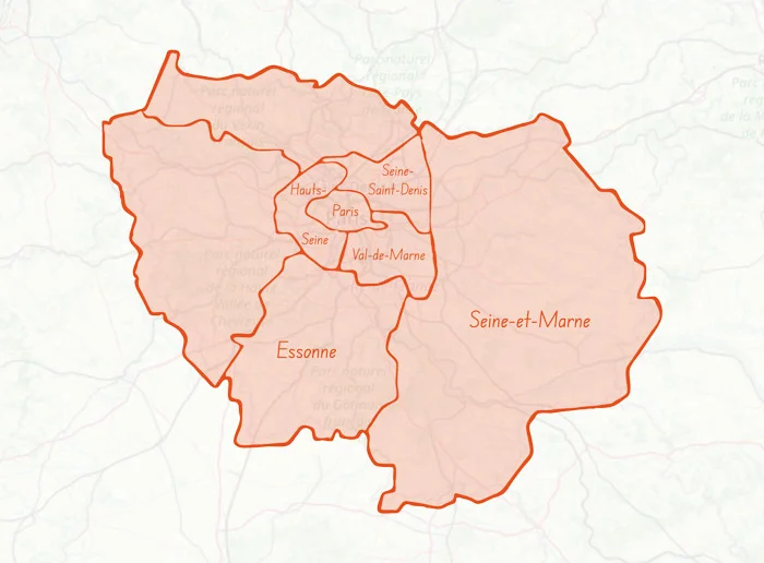 Carte de l'Île-de-France mettant en avant la zone de livraison couverte par Les Régalades de Delphine dans Paris et sa petite couronne.